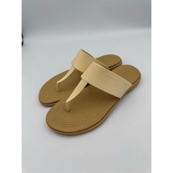 Crocs Womens Beige Iconic Comfort Tulum Flip Flops Sandals Size 6W - Picture 2 of 7